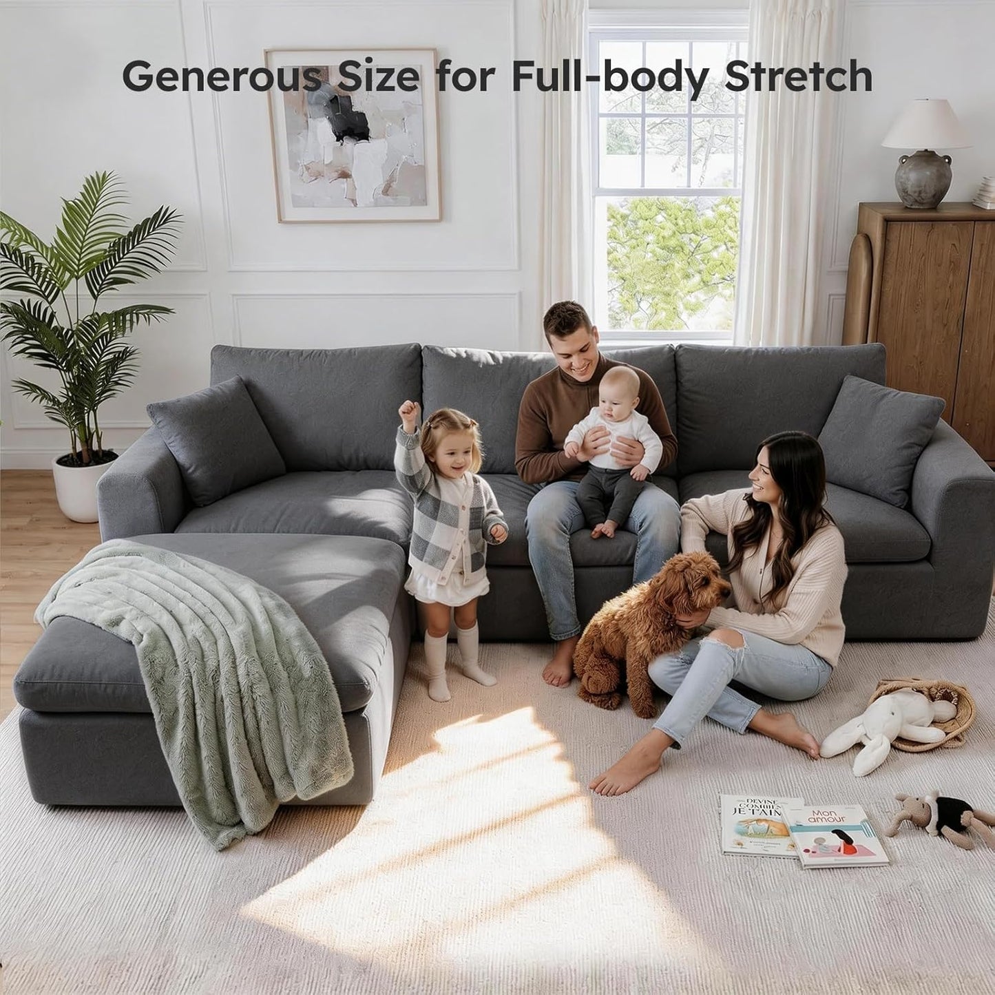 118" Modern Modular Sectional Sofa, Cloud Couch with Ergonomic High Back Support, Deep Seat Comfy Boneless Sectional Couches for Living Room, Durable Fabric, No Assembly, Dark Gray