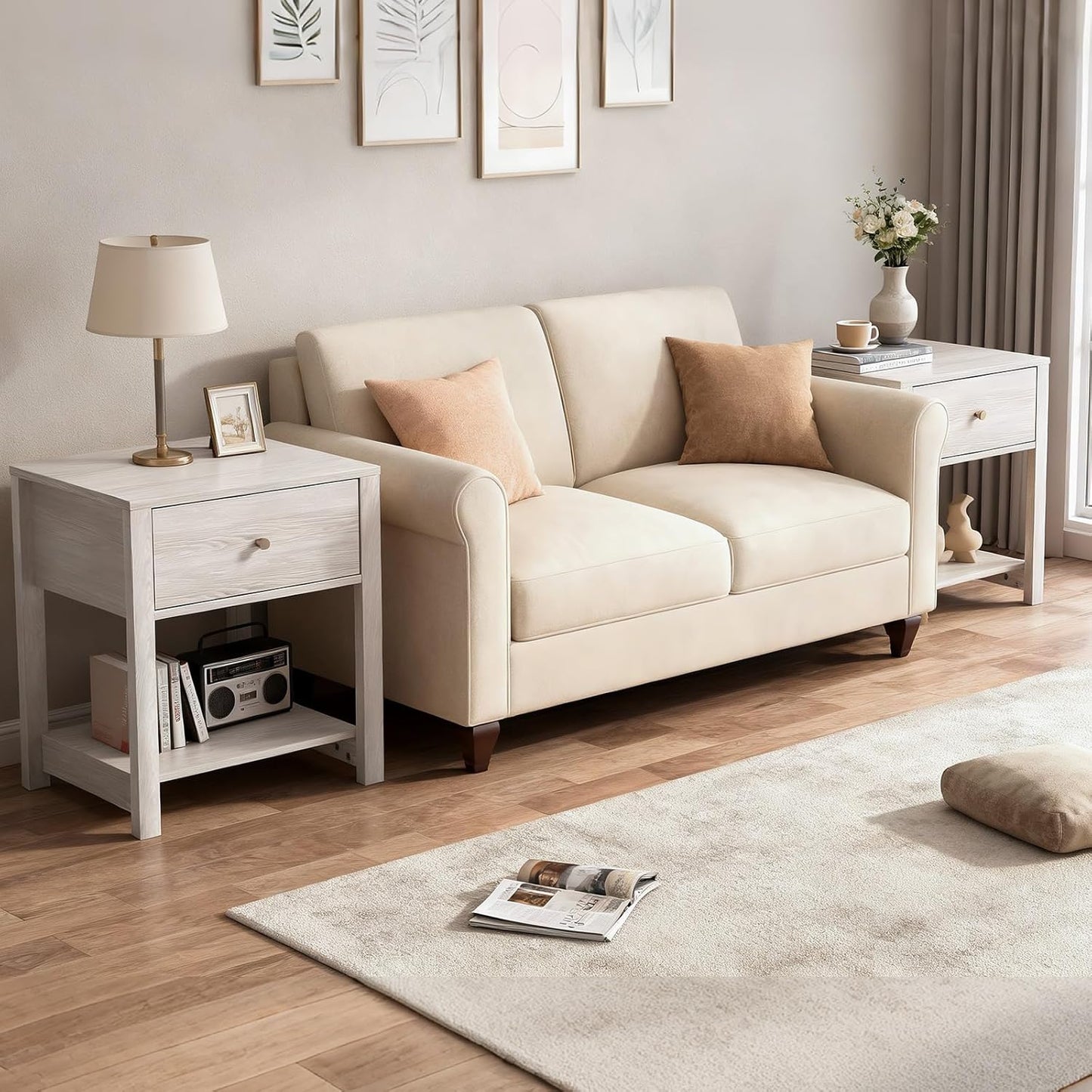 White Nightstand Set of 2, Modern Nightstand Bedside Table with Drawer and Large Storage Shelf, End Tables Side Tables for Bedroom, Mesa de Noche for Small Spaces