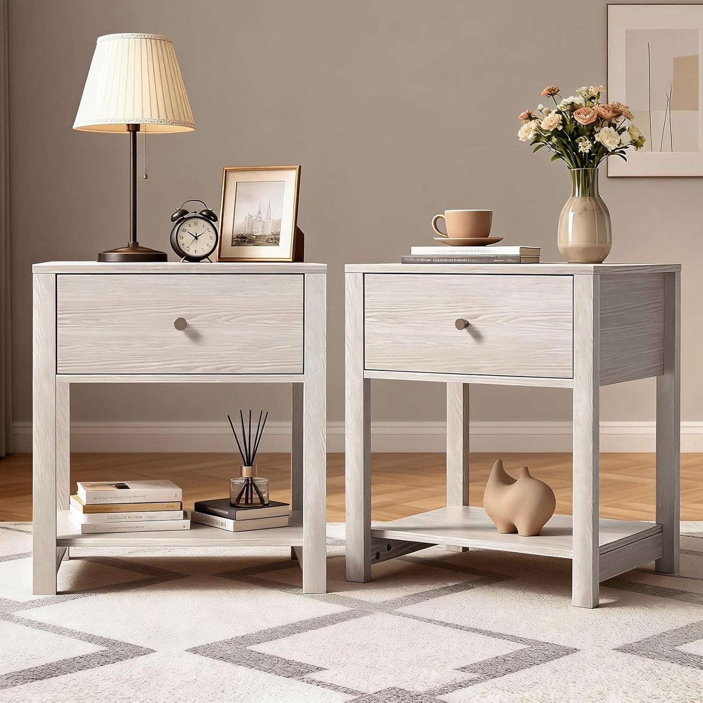 White Nightstand, Modern Nightstand Bedside Table with Drawer and Large Storage Shelf, End Tables Side Tables for Bedroom, Mesa de Noche for Small Spaces