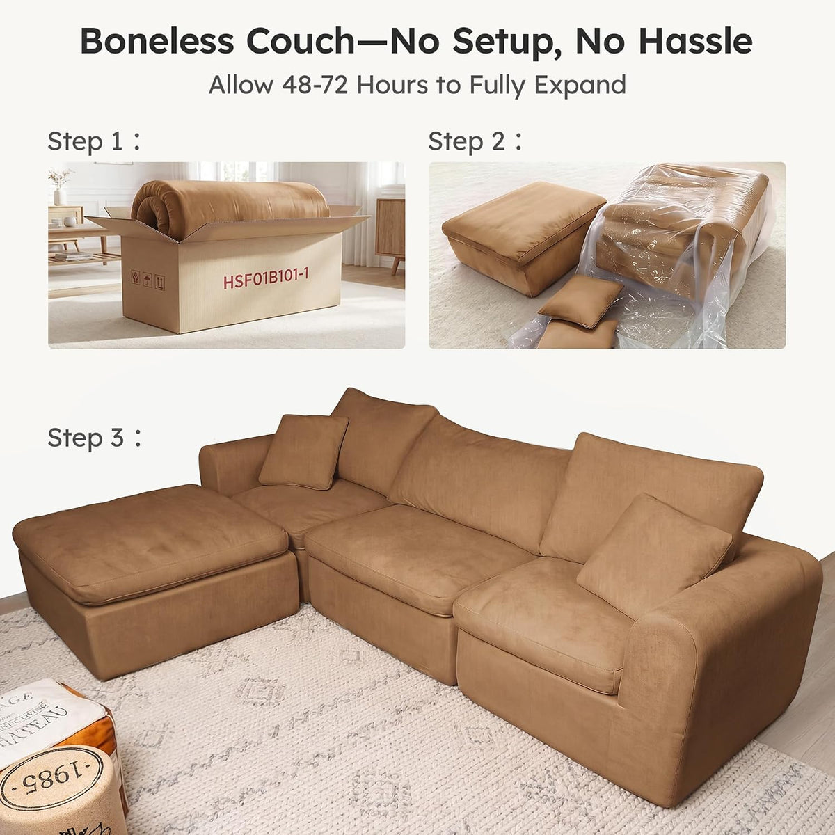 119" Modular Sectional Cloud Sofa, No Assembly High Back Boneless, Orange
