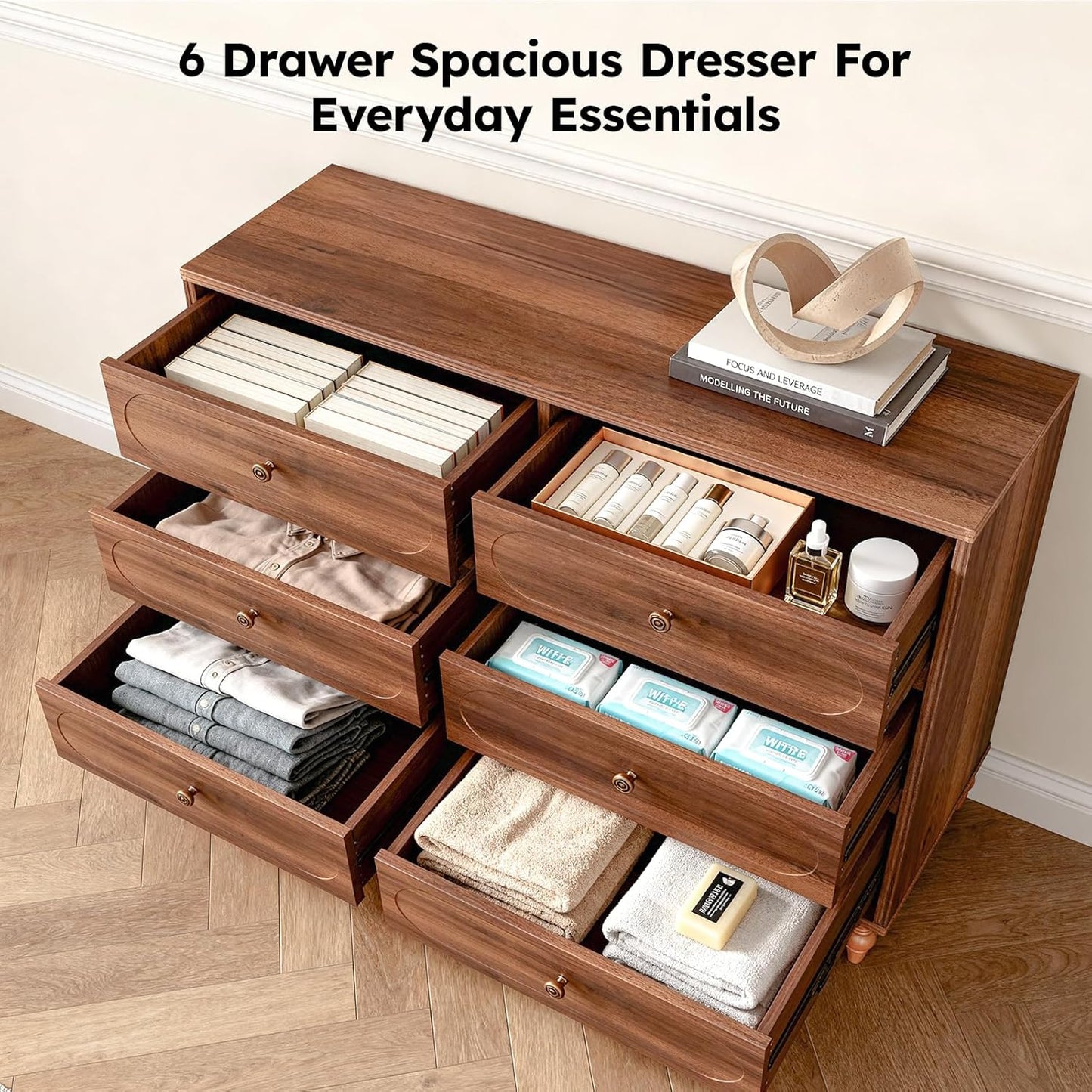 Urbancozy Mid-Century 6 Drawer Dresser, 47" Wide Chest with Solid Wood Legs Dark, Walnut Wood Storage Chest for Bedroom, Living Room, TV Stand, Closet Storage Drawers Organizer Furniture, with Classic Vintage Design