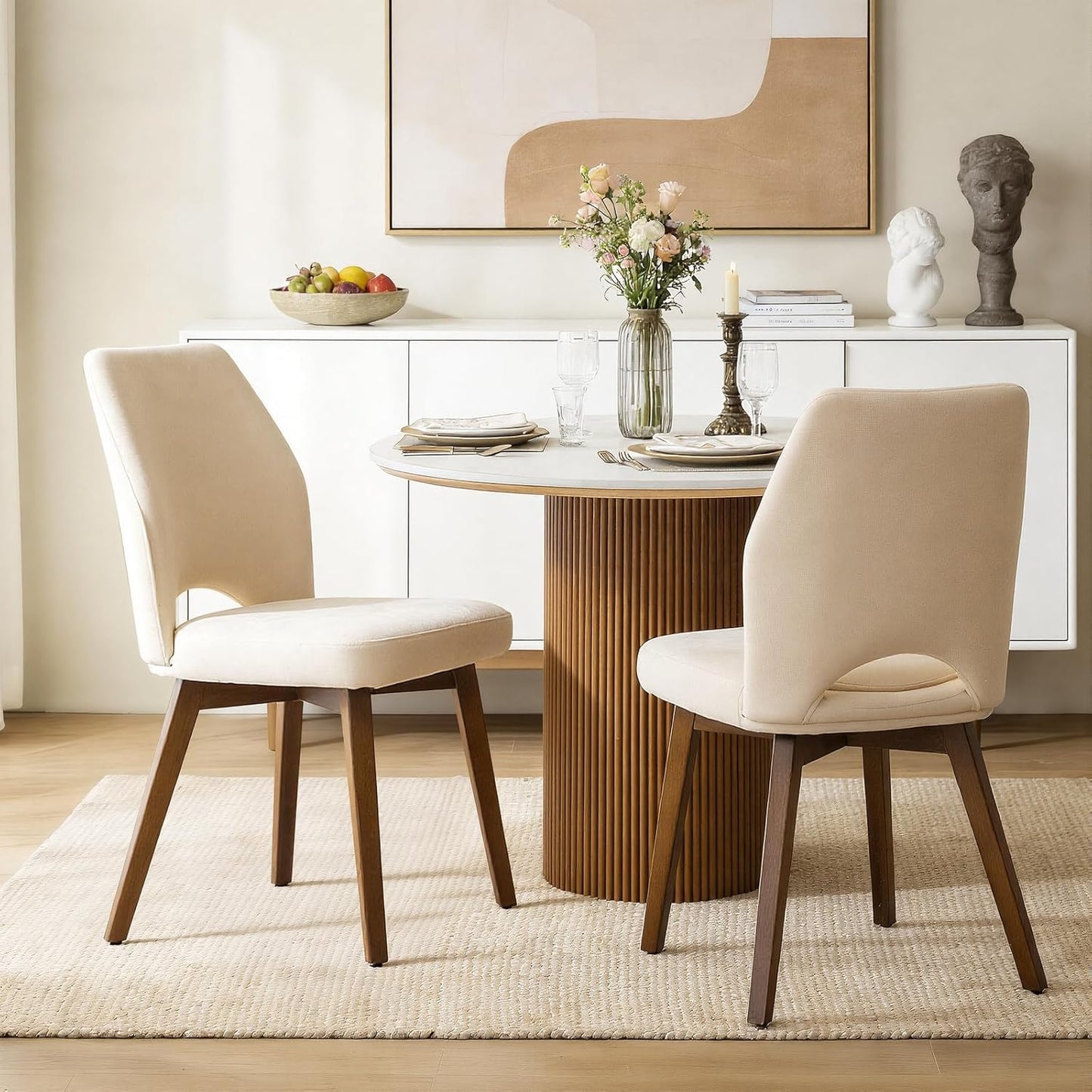 Dining Chairs Set of 4, Modern Upholstered Kitchen Chairs with Unique Cutout High Back & Wood Legs, Comfortable Fabric Side Chair for Dining Room, Living Room Beige