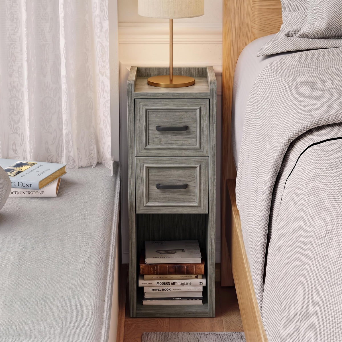 Narrow Nightstand, Skinny Wood Bedside Table, Slim End Table, Walnut