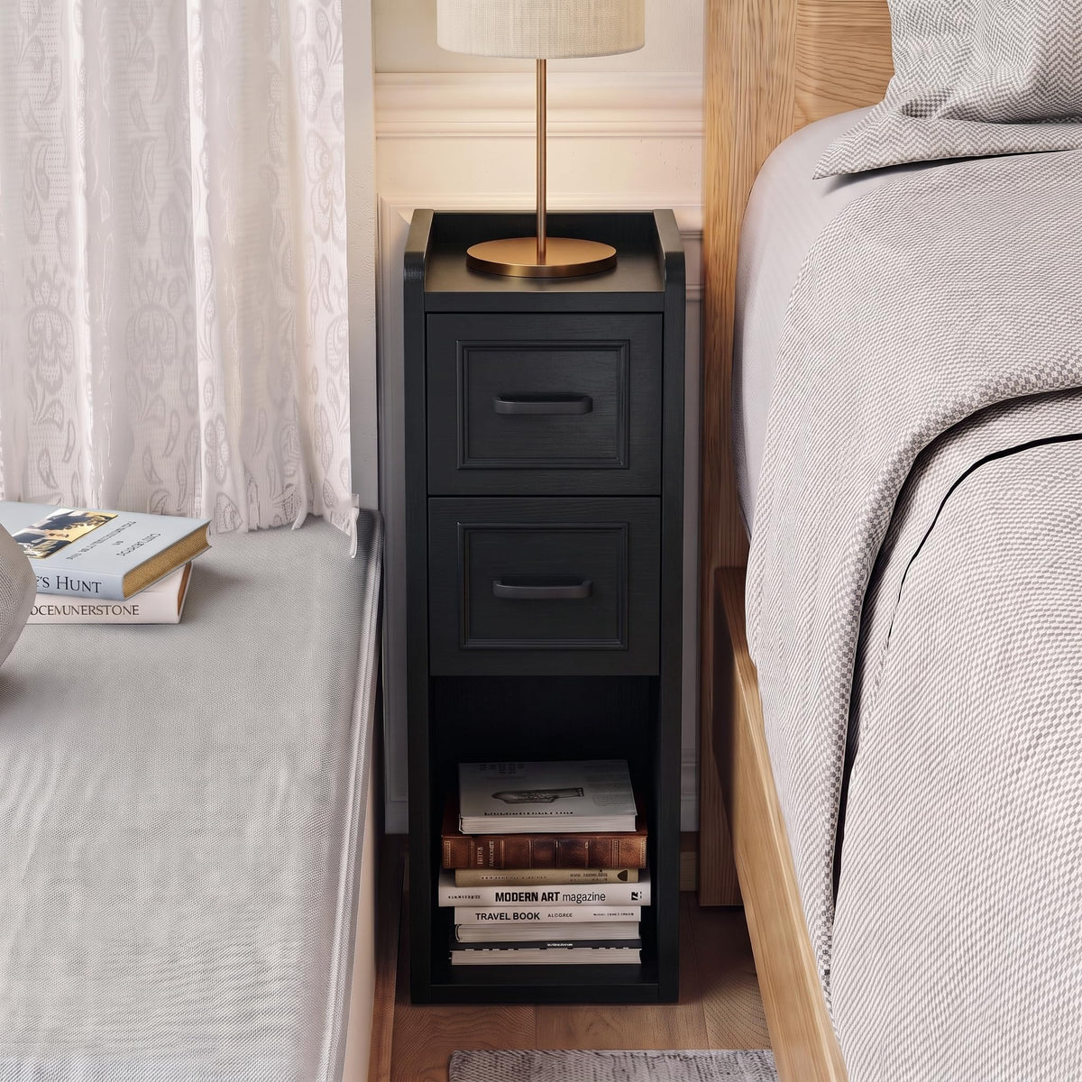 Narrow Nightstand, Skinny Wood Bedside Table, Slim End Table, Walnut