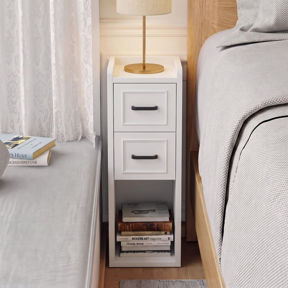 Narrow Nightstand, Skinny Wood Bedside Table, Slim End Table, Walnut