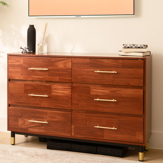 Walnut Dresser for Bedroom, 6 Drawer Brown Wood Dresser with Modern Storage Organizer, Wide Chest of Drawers for Clothes, Closet, Living Room