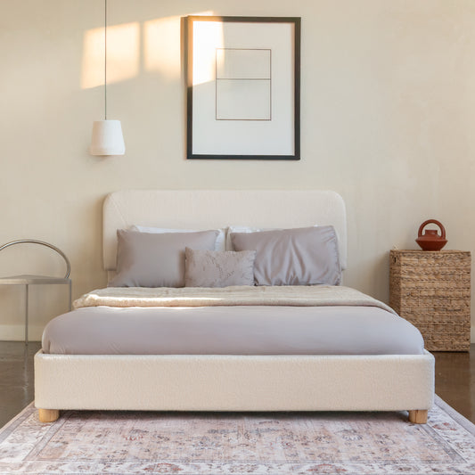 Cream Boucle Queen Bed Frame – Adjustable Headboard, Solid Wood Legs, Modern Upholstered Platform Bed with Rounded Corners & Easy Assembly