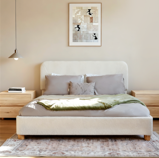 Cream Boucle Queen Bed Frame – Adjustable Headboard, Solid Wood Legs, Modern Upholstered Platform Bed with Rounded Corners & Easy Assembly